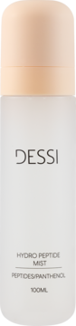 Biała butelka Dessi Hydro Peptide Mist 100ml z beżową zakrętką, widok z przodu. Nawilżająca mgiełka do twarzy.