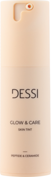 Dessi Glow & Care Skin Tint, jasna, brzoskwiniowa butelka z pompką, widok z przodu. Peptyd & Ceramid.