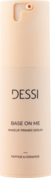 Dessi Base On Me Makeup Primer Serum, beżowa butelka z pompką, widok z przodu, z peptydami i ceramidami.