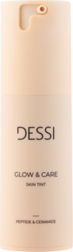 Lekki tint do twarzy Dessi Glow & Care Golden Sunset, z peptydami i ceramidami, beżowa butelka z pompką.