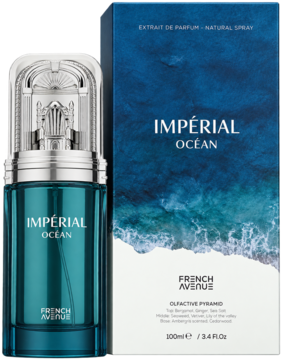 Perfumy French Avenue Imperial Ocean 100ml: turkusowa butelka ze srebrną zakrętką, obok pudełko z wzorem fali.