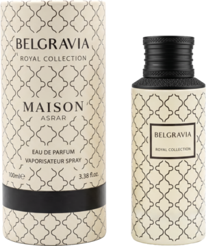 Woda perfumowana Maison Asrar Belgravia 100ml, butelka i pudełko z beżowo-czarnym wzorem, widok z przodu.