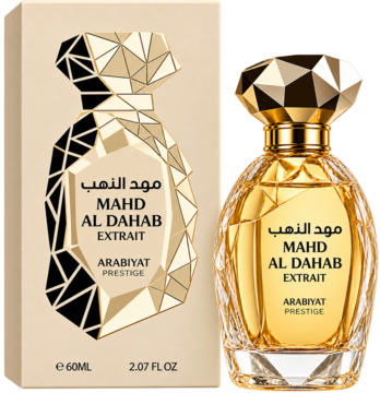 Woda perfumowana Arabiyat Prestige Mahd Al Dhahab Extrait w złotej, fasetowanej butelce z pudełkiem na czarnym tle.