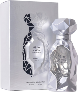Marwa męska woda perfumowana. Facetowana srebrno-biała butelka i pudełko z geometrycznym wzorem, widok z przodu.