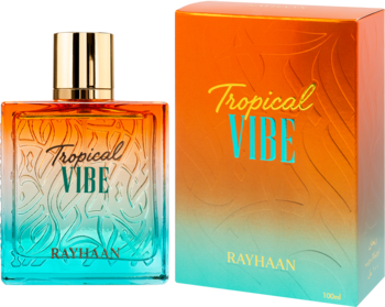 Woda perfumowana Rayhaan Tropical Vibe w butelce i pudełku, gradient pomarańcz-turkus, liściasty wzór.