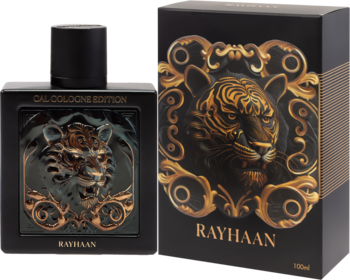 Rayhaan męska woda perfumowana w czarnej butelce z reliefowym lwem i pudełko ze złotym tygrysem, ujęcie frontalne.
