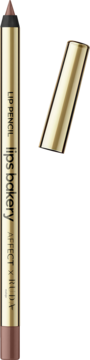 Kredka do ust Lips Bakery Caffe Cream, złota obudowa z brązową końcówką, matowe wykończenie, otwarta skuwka obok.