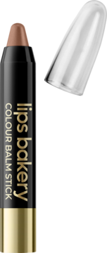 Otwarta pomadka Lips Bakery Colour Balm Stick Caramel Silk. Czarny sztyft z złotym spodem, ciepły nude brąz.