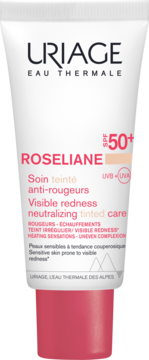Biała tubka Uriage Roseliane Soin Teinté SPF 50+ do skóry z zaczerwienieniami, widok z przodu, różowa nakrętka.