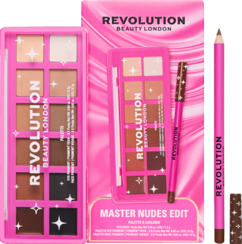 Revolution Master Nudes Edit: różowy zestaw z paletą 10 cieni do powiek i brązową kredką, widok z przodu.