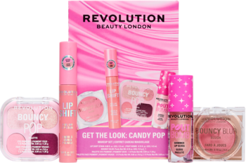 Zestaw Revolution Beauty London Candy Pop z różowymi błyszczykami, tuszem i różami do policzków, widok z przodu.