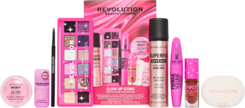 Revolution 'Glow Up Squad' pink makeup set: eyeshadow palette, spray, mascara, lip gloss, and face powder products.