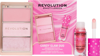 Zestaw REVOLUTION CANDY GLAM DUO: różowa paletka cieni i błyszczyk w gwiazdkowym opakowaniu, widok z przodu.
