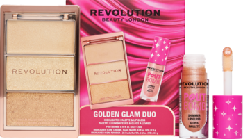 Zestaw Revolution Golden Glam Duo: otwarta paleta trzech złotych rozświetlaczy oraz płynny rozświetlacz w różowej tubce.