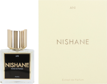 Ekstrakt perfum unisex Nishane Ani: butelka z czarną etykietą i złota zakrętka, obok beżowego pudełka.