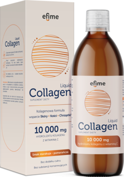 Płynny kolagen efime 10000 mg z witaminą C. Brązowa butelka i beżowe pudełko, widok z przodu.