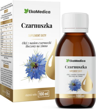 EkaMedica Olej z czarnuszki 100ml, suplement diety, tłoczony na zimno. Butelka i pudełko z kwiatami.