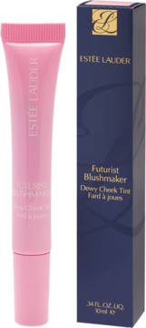 Estée Lauder Futurist Blushmaker Dewy Cheek Tint w różowej tubce i ciemnoniebieskim pudełku, stojące obok siebie.