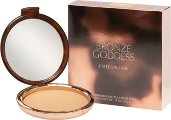 Estée Lauder Bronze Goddess puder brązujący w otwartym, okrągłym kompakcie z lustrem, obok jego opakowania.