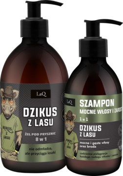 LaQ Dzikus z Lasu: zestaw męski żel pod prysznic 8w1 i szampon do włosów/brody w brązowych butelkach z pompką.