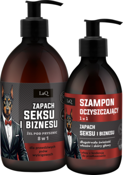 Zestaw męskich kosmetyków LaQ Zapach Seksu i Biznesu: żel i szampon, ciemne butelki z psem, widok z przodu.
