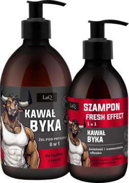 LaQ Kawał Byka: duży żel pod prysznic i mniejszy szampon Fresh Effect, brązowe butelki z czarnymi pompkami, przód.