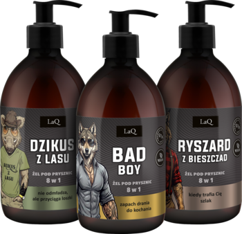 Widok z przodu trzech żeli pod prysznic LaQ 8w1: Dzikus, Bad Boy, Ryszard, w brązowych butelkach z pompką.