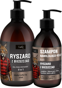 Zestaw LaQ Ryszard z Bieszczad: ciemne butelki żelu pod prysznic i szamponu z rysunkiem rysia w koszuli.
