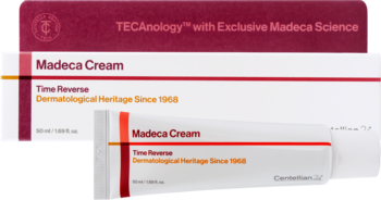 Madeca Cream Time Reverse, biała tubka 50ml i pudełko z czerwoną grafiką TECAnology, pod kątem.