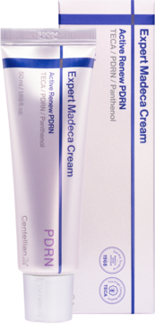 Krem do twarzy Expert Madeca Cream Active Renew PDRN 50ml w białej tubie obok pudełka. Widoczne TECA/Panthenol.