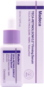 Centellian24 Madeca TECA-RETINOLSOM 0.2+ Firming Serum. Biała butelka z fioletowym kroplomierzem i pudełko, widoczne etykiety.