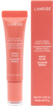 Laneige Glaze Craze Tinted Lip Serum Maple Glaze, tuba i pudełko w koralowym odcieniu, widok frontalny.