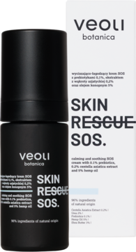 Veoli Botanica Skin Rescue SOS, czarna butelka z pompką, łagodzący krem do skóry wrażliwej, z białym pudełkiem.