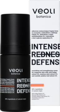 INTENSE REDNESS DEFENSE Veoli Botanica, krem do cery naczynkowej: czarna butelka i biały kartonik, widok z przodu.