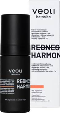 Veoli Botanica Redness Harmony, krem do cery naczynkowej, w czarnej butelce z pompką i białym pudełkiem, widok z przodu.