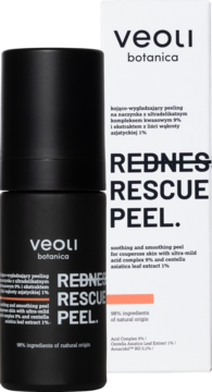 Veoli Botanica REDNESS RESCUE PEEL, kojąco-wygładzający peeling w czarnej butelce obok białego opakowania kartonowego.