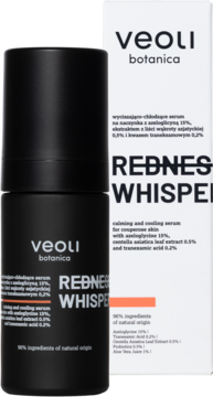 Veoli Botanica REDNESS WHISPERER, chłodzące serum do cery naczynkowej, czarna butelka i białe pudełko obok siebie.