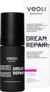 Veoli Botanica DREAM REPAIR nocny krem senolityczny, czarna butelka z pompką i białe opakowanie, widok z przodu.