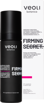 Veoli Botanica FIRMING SECRET maska ujędrniająca w czarnej butelce z pompką i białym kartoniku, przodem.