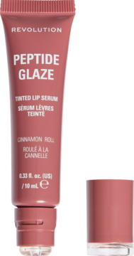 Różowe serum do ust Revolution Peptide Glaze Cinnamon Roll, tubka z odkręconą nakrętką obok, widok z przodu.