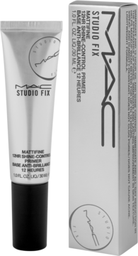 MAC Studio Fix Mattifine Primer, matująca baza pod makijaż w szarej tubce i białym pudełku, widok z przodu.