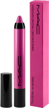 Jaskraworóżowa kredka do ust MAC Dazzlelips Crayon z otwartą zatyczką i pudełkiem, na czarnym tle.