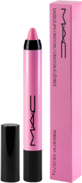 Różowa konturówka/kredka do ust MAC Dazzlelips Crayon, otwarta z czarną zatyczką obok, i różowe pudełko.