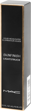 Czarne pudełko MAC Skinfinish Liquid Highlighter 15ml, ze złotymi krawędziami, widok z przodu i boku.