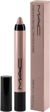 Konturówka MAC Dazzlelips Crayon w odcieniu nude, otwarta obok beżowego pudełka z logo MAC, widok z przodu.