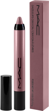 MAC Dazzlelips Crayon, lśniąca różowa konturówka do ust, częściowo otwarta, obok pudełko na czarnym tle.