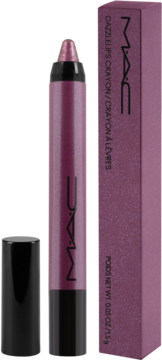 Konturówka do ust MAC Dazzlelips Crayon, błyszcząca, jagodowa, z otwartą skuwką, obok pasujące pudełko.