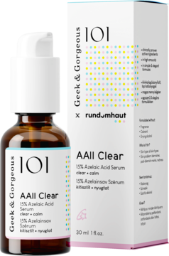 Geek & Gorgeous AAll Clear 15% Azelaic Acid Serum w brązowej butelce z pompką obok białego kartonika, widok z przodu.