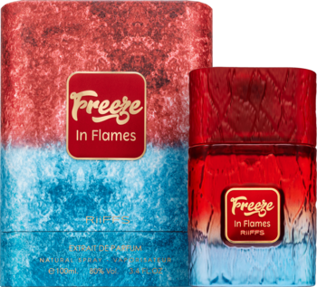Riiffs Freeze in Flames ekstrakt perfum. Butelka i pudełko: czerwień/błękit z teksturą ognia/lodu, logo.