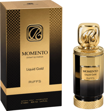 Flakon i złoto-czarne opakowanie perfum unisex Riiffs Momento Liquid Gold, widok z przodu na czarnym tle.
